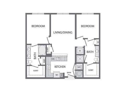 Floor plan for 2 beds, 2 baths, 1151 sqft